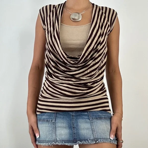 Y2K Cache XS Top Brown Beige Striped Sleeveless Cowl Neck Knit Tank Blouse - Picture 6 of 6